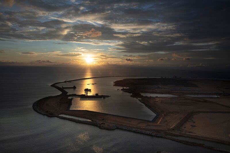 Built on land reclaimed from the Indian Ocean and funded with $1.4 billion in Chinese investment, the Colombo Port City project is seen, Nov. 8, 2018 in Colombo, Sri Lanka. Credit: Paula Bronstein/Getty Images