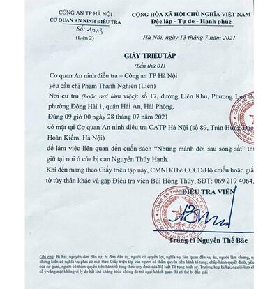 Giấy triệu tập của Công an Hà Nội ghi ngày 13/7/2021 và gia đình cô Phạm Thanh Nghiên ở Hải Phòng nhận được vào trưa ngày 26/7/2021.