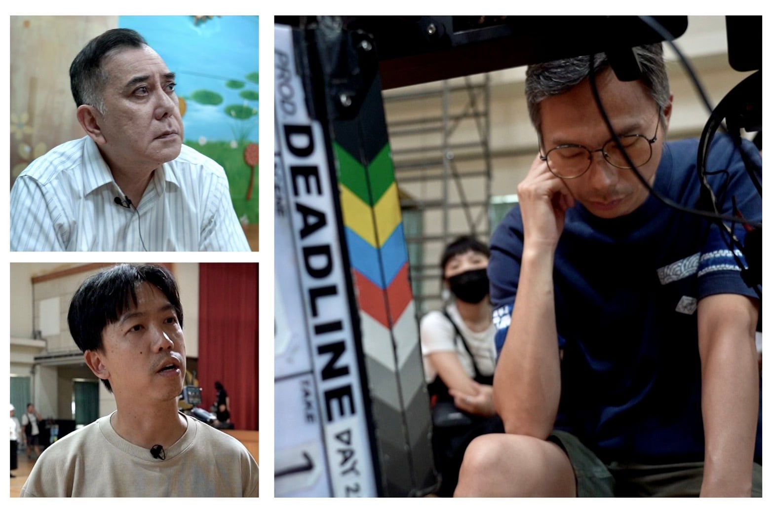 周冠威(图右)在港因被标签为「敏感人士」,需移师到台湾拍摄新作《Deadline》(暂名),港演员黄秋生(图左上)和摄影师司徒一雷(图左下)不怕「红线」加入团队,以行动支持周冠威。