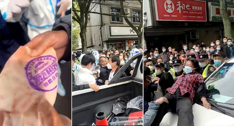左图：上海青浦金泽镇，一长者从超市买回的猪肉，发现是外省捐赠物资。 中图：长者展示猪肉后，被警察抓捕，居民在周围声援长者。 右图：一位居民爬上警车，阻止警察把老人抓走。（视频截图）