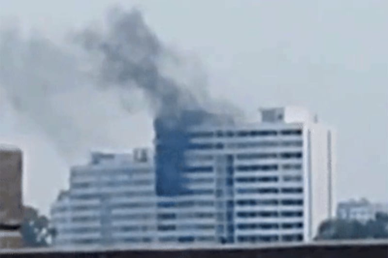 A fire at an apartment on the banks of the Yalu River in Sinuiju, North Korea, April 27, 2025.
