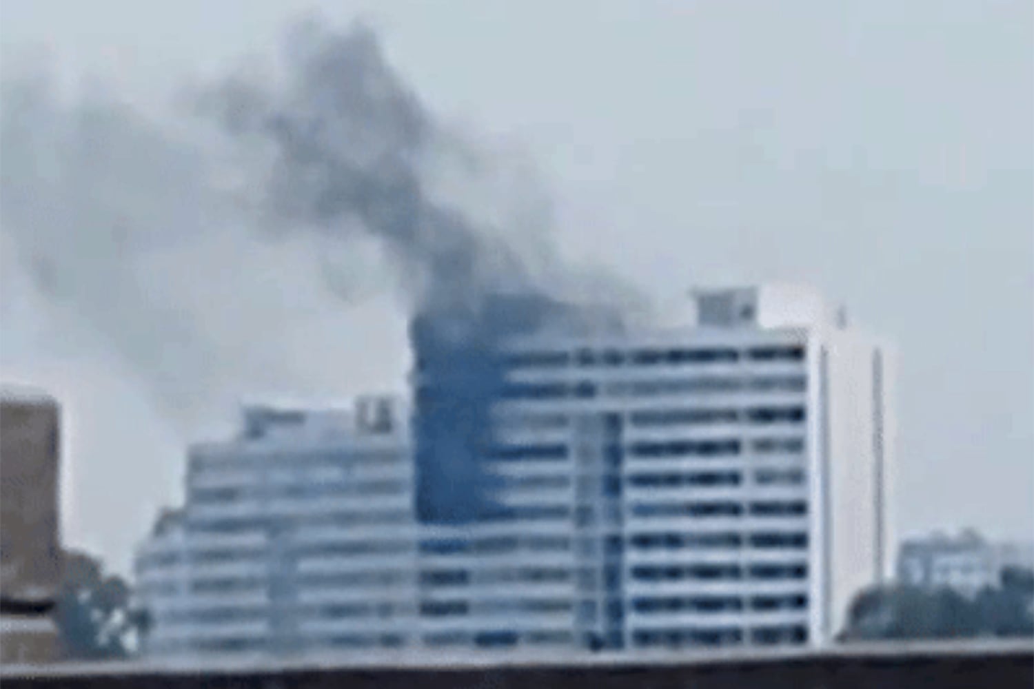 A fire at an apartment on the banks of the Yalu River in Sinuiju, North Korea, April 27, 2025.