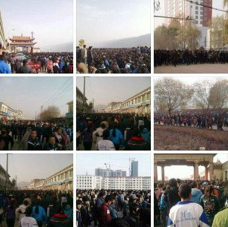 图片： 青海黄南州数千学生展开游行示威。 （同仁境内受访人提供/记者丹珍）