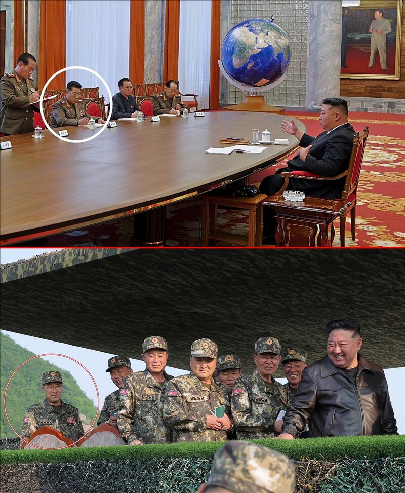 30일 조선중앙통신이 공개한 사진을 보면 정경택 총정치국장은 지난 28일 열린 확대회의서 대장(위) 계급이 확인되나 다음날 진행된 군 포사격경기에서는 상장(아래) 계급을 달고 있다.