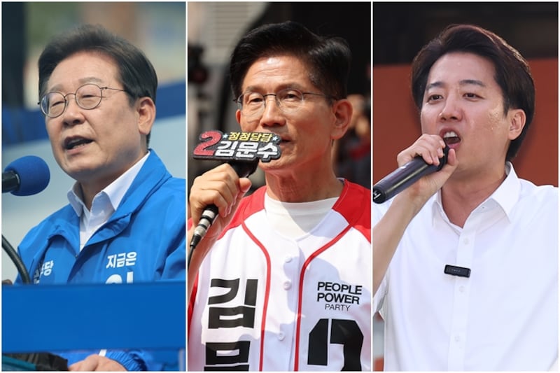 유세하며 지지 호소하는 이재명(왼쪽부터)-김문수-이준석 대선후보