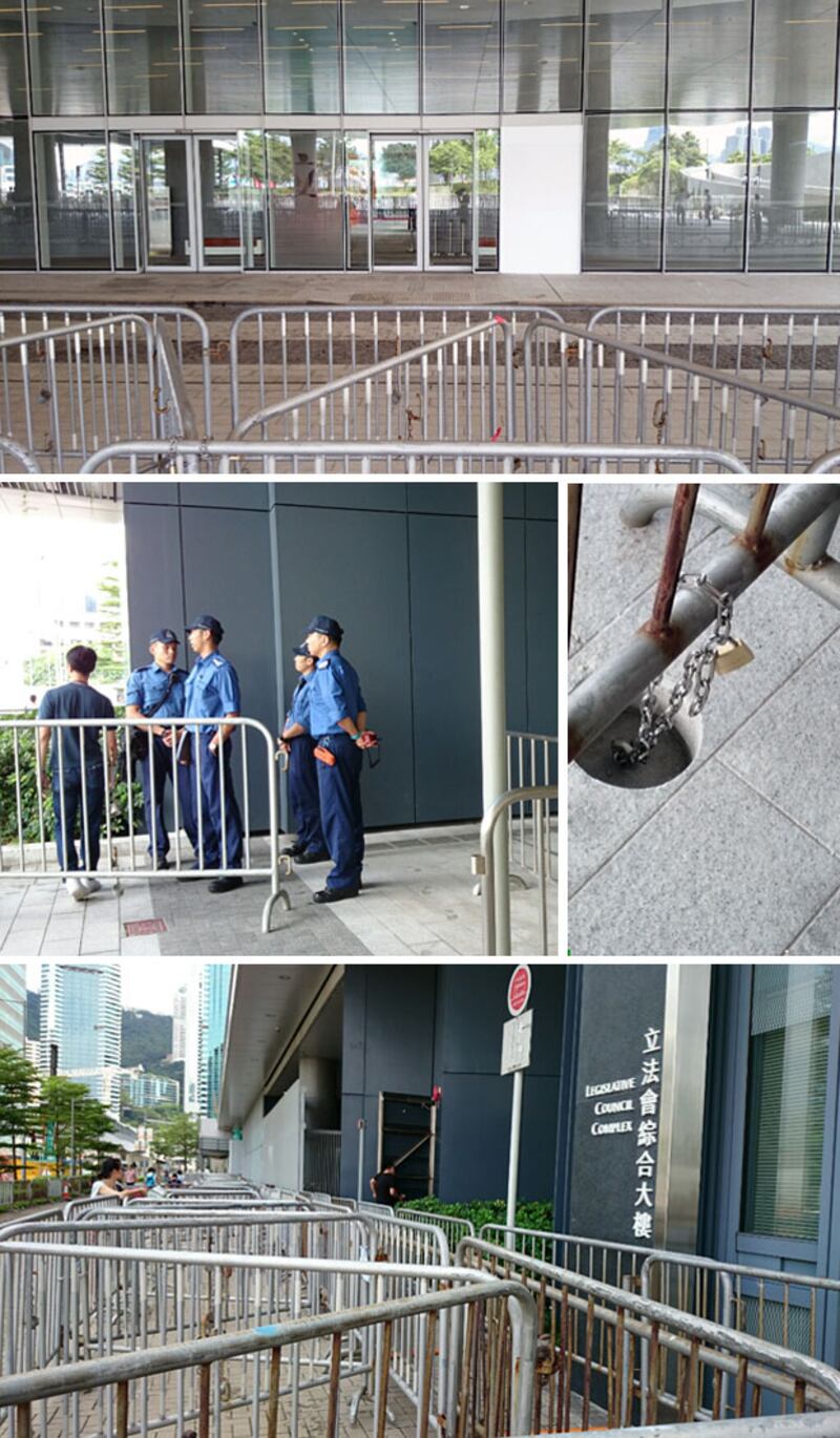 6月19日,香港立法會前的鐵馬由示威區一直伸延到大樓外。鐵馬被固定在指定位置。(粵語組夏晨攝)