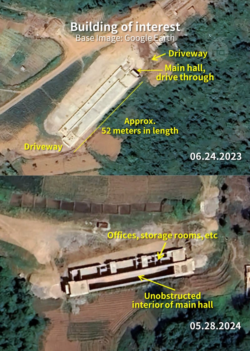 Two of the 52-meter support buildings while they are under construction. The bottom image from 2024 reveals the internal layout of the structures. Analyzed by Jacob Bogle