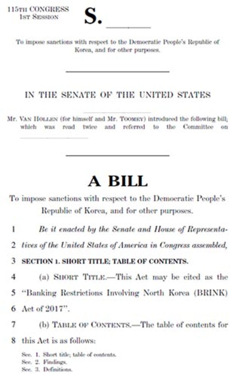 ‘2017 북한과 연관된 은행업무 제한법(Banking Restrictions Involving North Korea Act of 2017)'으로 명명된 법안의 표지.