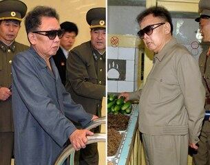 북한의 조선중앙통신이 3월 20일 공개한 사진(왼쪽)에서 김정일 국방위원장은 몹시 야윈 모습으로 김일성종합대학 내의 수영장을 방문했다. 반면 이 통신이 2008년 8월 7일 공개한 사진에서 김 위원장은 배가 불룩하게 튀어 나온 모습으로 군부대를 시찰했다.