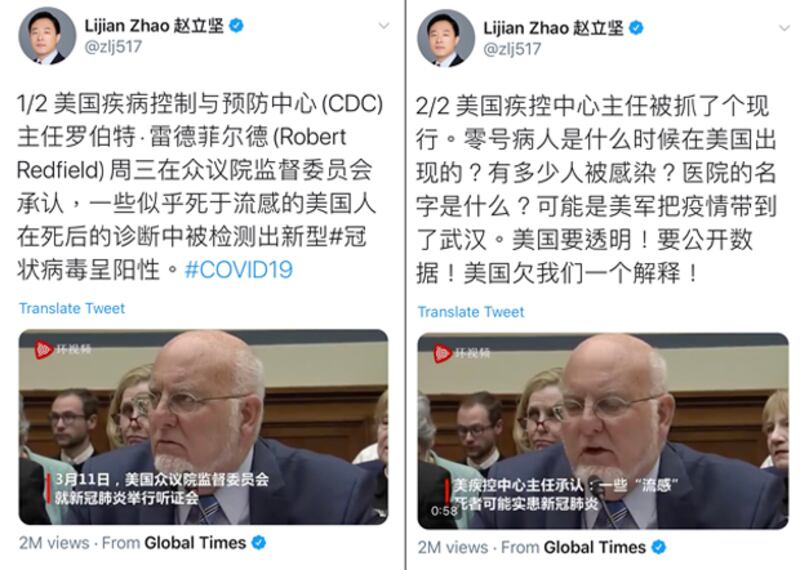 中國外交部發言人趙立堅公開發表推文指控「可能是美軍把病毒帶到武漢」,要求美國作出解釋、公開資料。(趙立堅推特截圖)