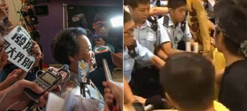 左图：2014年9月1日，出席政改簡介會的港區全國人大代表譚惠珠，被政黨 “社民連”成員追問有 “篩選”的政改方案，要由保安保護開路。(社民連提供) 右图：“熱血公民”一批成員，嘗試越過警方防線，闖入政改簡介會會場。(現場人士攝)