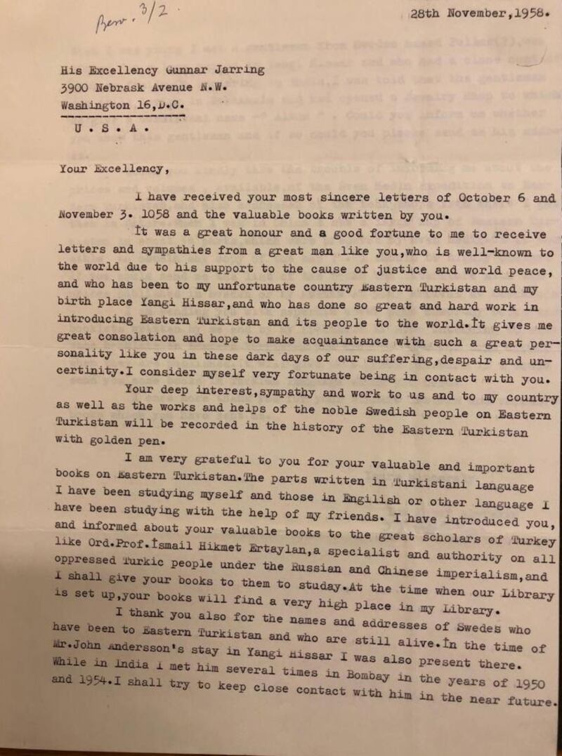 ئەيسا ئەپەندىنىڭ تونۇلغان تۈركولوگ، دىپلومات گۇننار ياررىڭغا يازغان 4 پارچە خېتىنىڭ بىرى.
