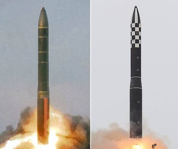 러시아의 다탄두 대륙간탄도미사일(SS-27 Mod 2)과 북한이 최근 시험 발사한 ‘화성18형’(오른쪽).