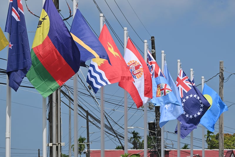 The flags of Pacific Island nations during the 55th Pacific Islands Forum Leaders Meeting in Koror, Palau, Sept. 1, 2026.