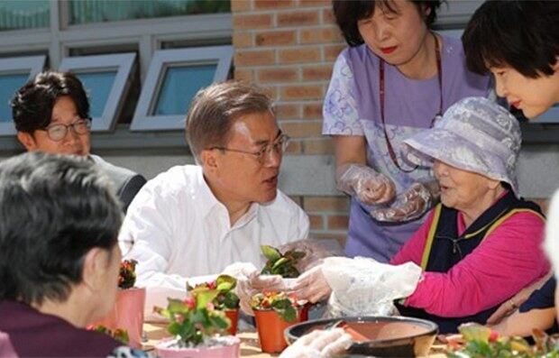 문재인 대통령이 2일 '치매, 이제 국가가 책임지겠습니다' 행사를 위해 서울시 국민건강보험 서울요양원을 방문, 화분 만들기를 하고 있다.