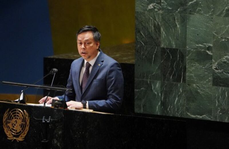 Syed Mohamad Hasrin Aidid, Malaysia's ambassador to the United Nations, speaks during the 11th emergency special session of the 193-member U.N. General Assembly on Russia's invasion of Ukraine, at U.N. headquarters in New York, March 1, 2022. Credit: Reuters