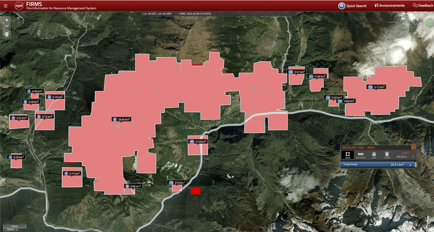 4 Waldbrände sind in tibetischen Gebieten ausgebrochen 2 Das Feuer in Kyirong County, Tibet, verbrannte zwischen dem 23. Januar und dem 26. Februar 2025 etwa 40 Quadratkilometer, wie in diesen Bildern der Brandinformationen der NASA für Ressourcenmanagementsystem (Unternehmen) gezeigt.