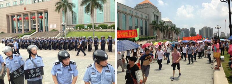 2013年7月19日,獅嶺鎮村民遊行抗議興建垃圾焚燒場。大批手持盾牌的警察在花都區政府外的條道路戒備。(遊行民眾提供)