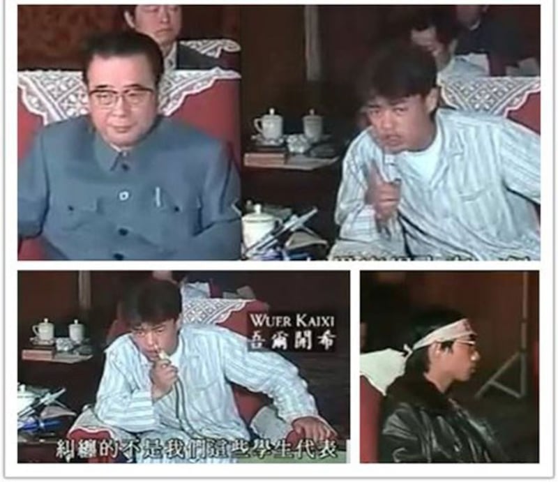 李鹏对话绝食学生代表吾尔开希、王丹。(六四档案图)