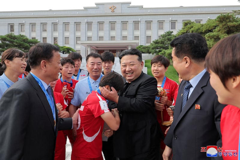 Kim Jong Un meets with the North Korea's U-20 women's football team, which won the World Cup in Colombia, at the ruling Workers' Party headquarters in Pyongyang, Sept. 30, 2024, in this photo released by the North Korean government.