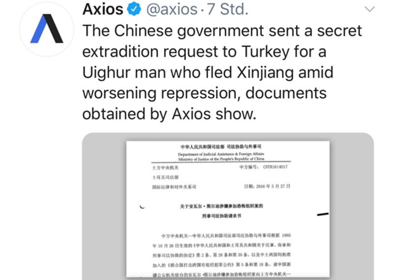 美國Axios新聞網站曝光日期為2016年5月27日，中國司法協助與外事司給土以其司法部的信函，要求逮捕並引渡維吾爾人圖爾迪（Enver Turdi），指其涉「恐怖組織案」。（Axios新聞網站推特截圖）