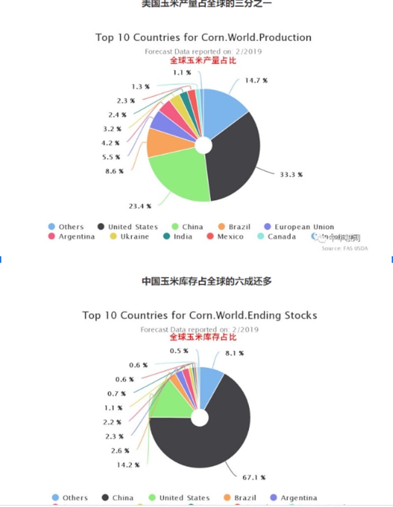 世界主要玉米产地国家玉米产量比例及玉米库存比例（图片来源：世界农化网）