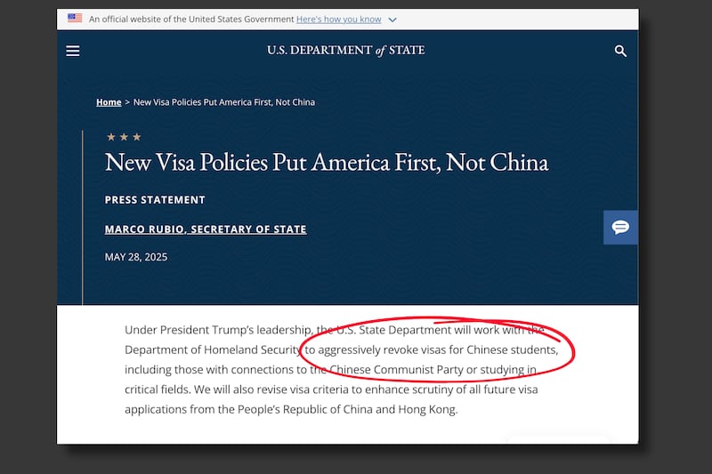 A U.S. State Department announcement on May 28, 2025, to scrutinize and "aggressively revoke visas for Chinese students."