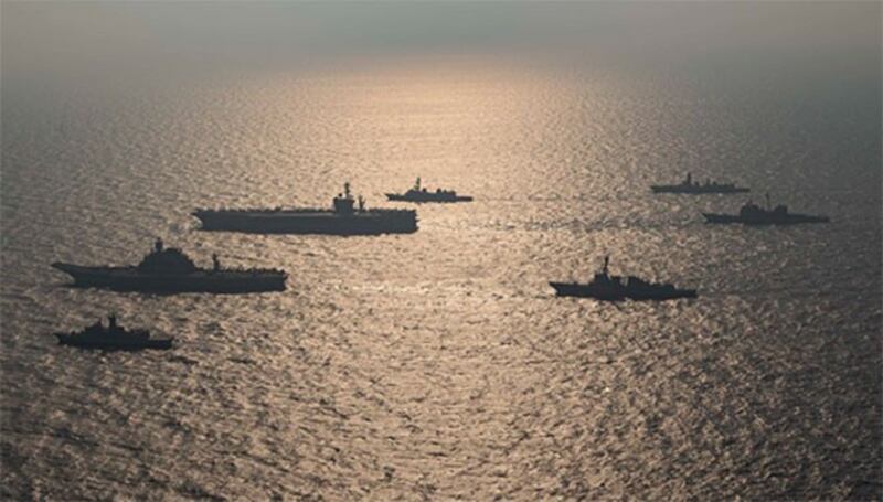 2020年11月美日澳印四国海军在阿拉伯海举行”马拉巴尔”（Malabar）海上联合军演。（维基百科）