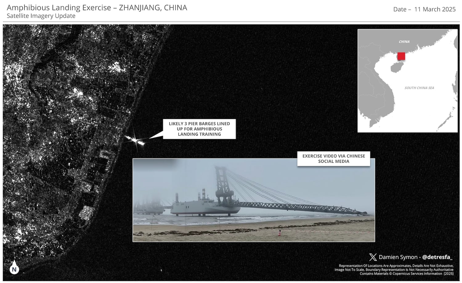 SAR image of Chinese barges taking part in an amphibious landing exercise in Zhanjiang, Guangdong province, March 4-11, 2025