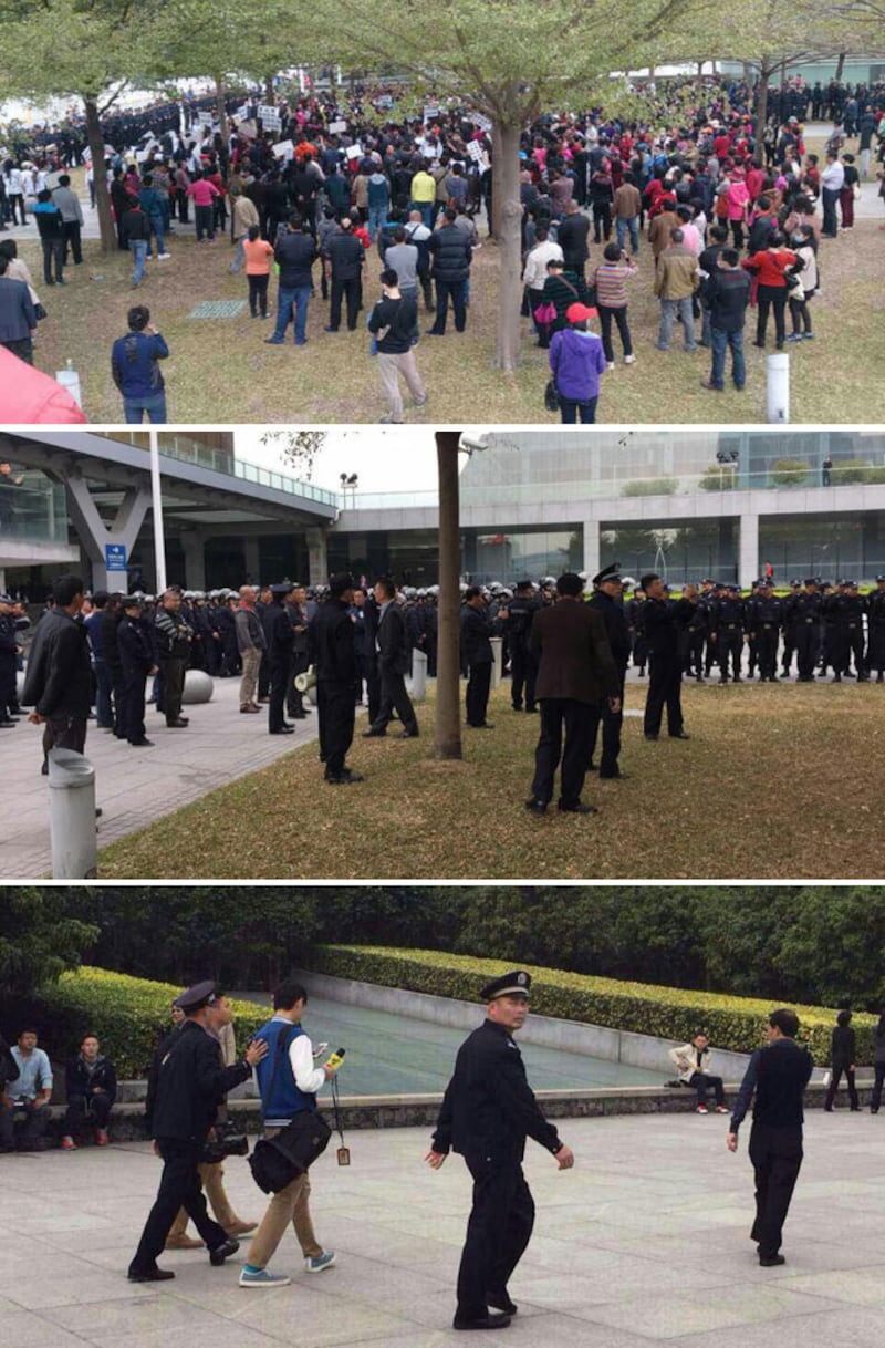 村民示威期間,大批警察排成多行戒備,並驅趕在現場採訪的電視台記者。(村民攝)
