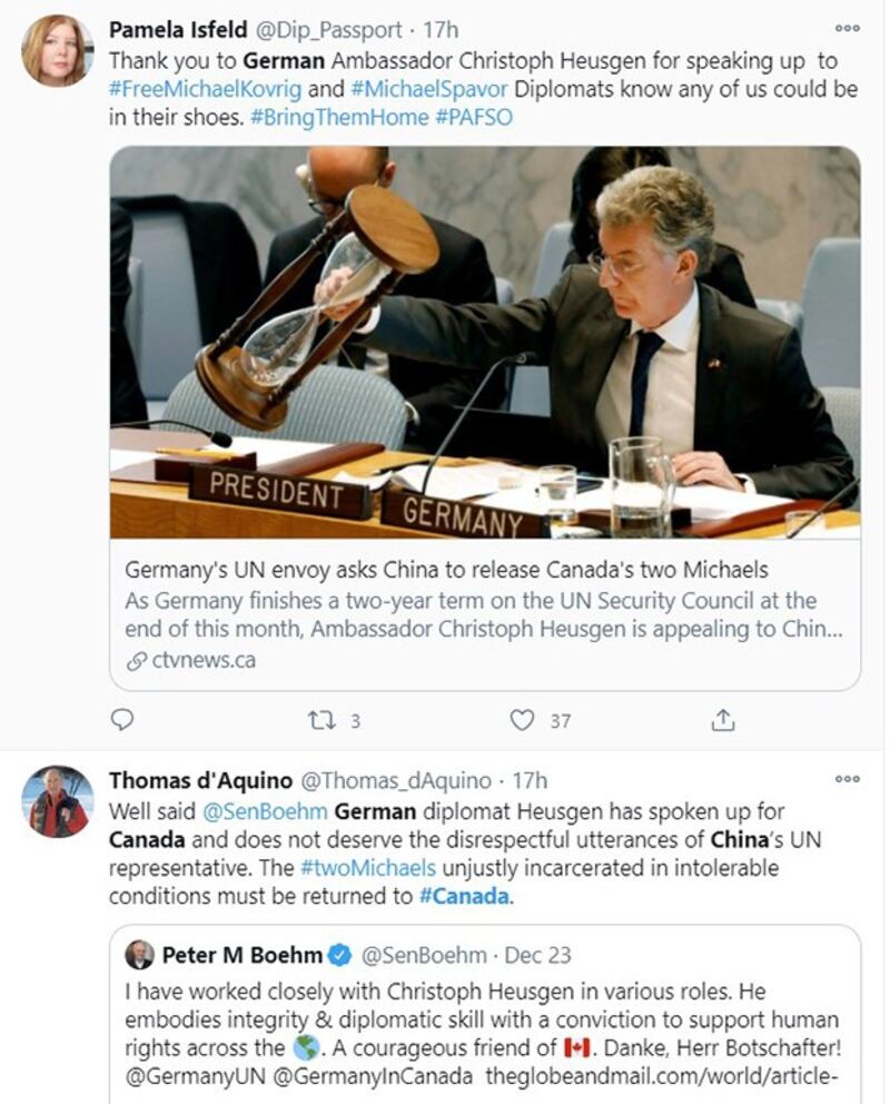 许多加拿大人感谢德国驻联合国代表霍伊斯根（Christoph Heusgen）在安理会议上的发言（脸书截图）