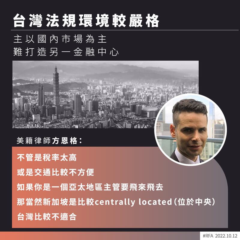 方恩格說,台灣未有條件打造成另一金融中心。(粵語組製圖)