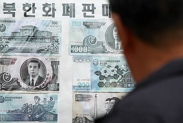 경기도 파주시 임진각에서 관광객이 북한 화폐를 보고 있다.