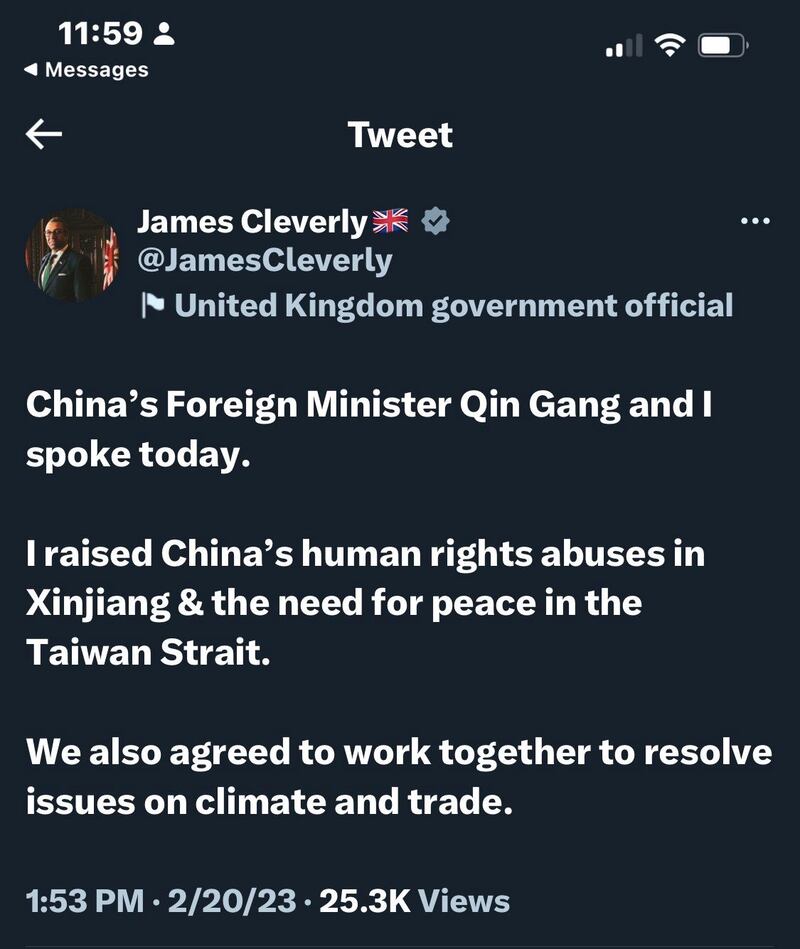 ئەنگىلىيە تاشقى ئىشلار مىنىستىرى جەيمىس كلېۋېرلي(James Cleverly) ئەپەندىنىڭ Twitter غا يوللىغان سۆزى. 2023-يىلى 20-فېۋرال.