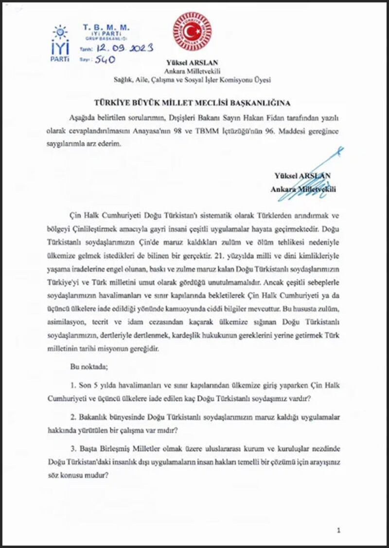 تۈركىيەنىڭ پارلامېنت ئەزاسى يۈكسەل ئارسلان ئەپەندىنىڭ تۈركىيە تاشقى ئىشلار مىنىستىرى خاقان فىدان ئەپەندىگە سۇنغان خېتى. 2023-يىلى 12-سېنتەبىر.