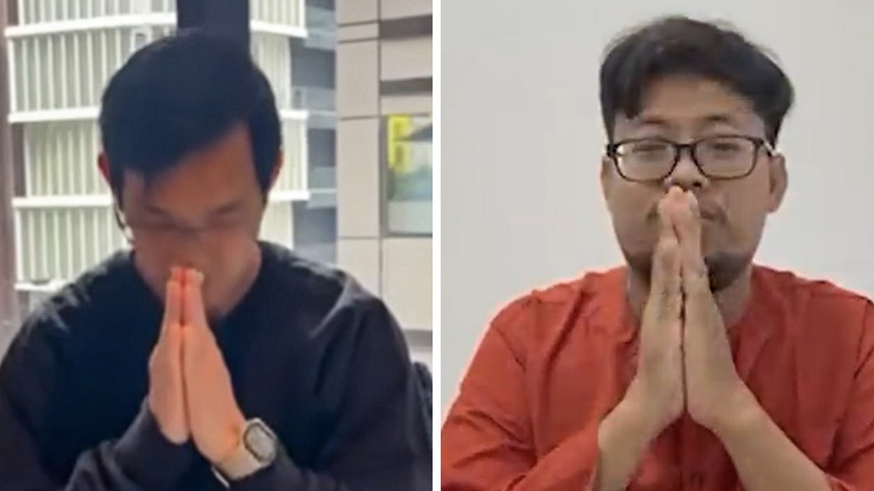 Cambodian activist Hay Vanna, left, and journalist Mech Dara apologize on video. 
Hun Sen via Facebook, left, and Fresh News