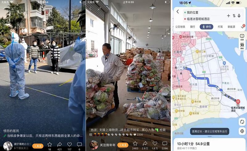 左图：上海一愤怒居民在楼下大声指责援助物资被居委会瓜分出售。 中图：网民拍摄到外省民众援助上海的物资，被人打包，图谋出售牟利。 右图：一12岁少年从解除隔离隔，带着行李箱独自步行近五十公里回家。（视频截图）