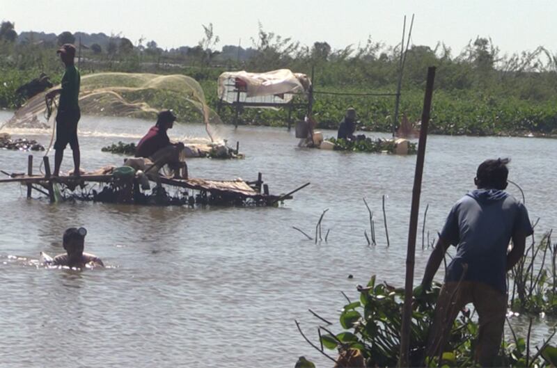 ប្រជា​នេសាទ​បង់​សំណាញ់​នៅ​ខ្នង​ទំនប់​បារាំង​ផ្សារ​ក្រោម ឋិត​នៅ​សង្កាត់​ផ្សារឆ្នាំង ក្រុង​កំពង់ឆ្នាំង ខេត្ត​កំពង់ឆ្នាំង កាល​ពី​ថ្ងៃ​ទី​២០ ខែ​វិច្ឆិកា ឆ្នាំ​២០១៥។ 