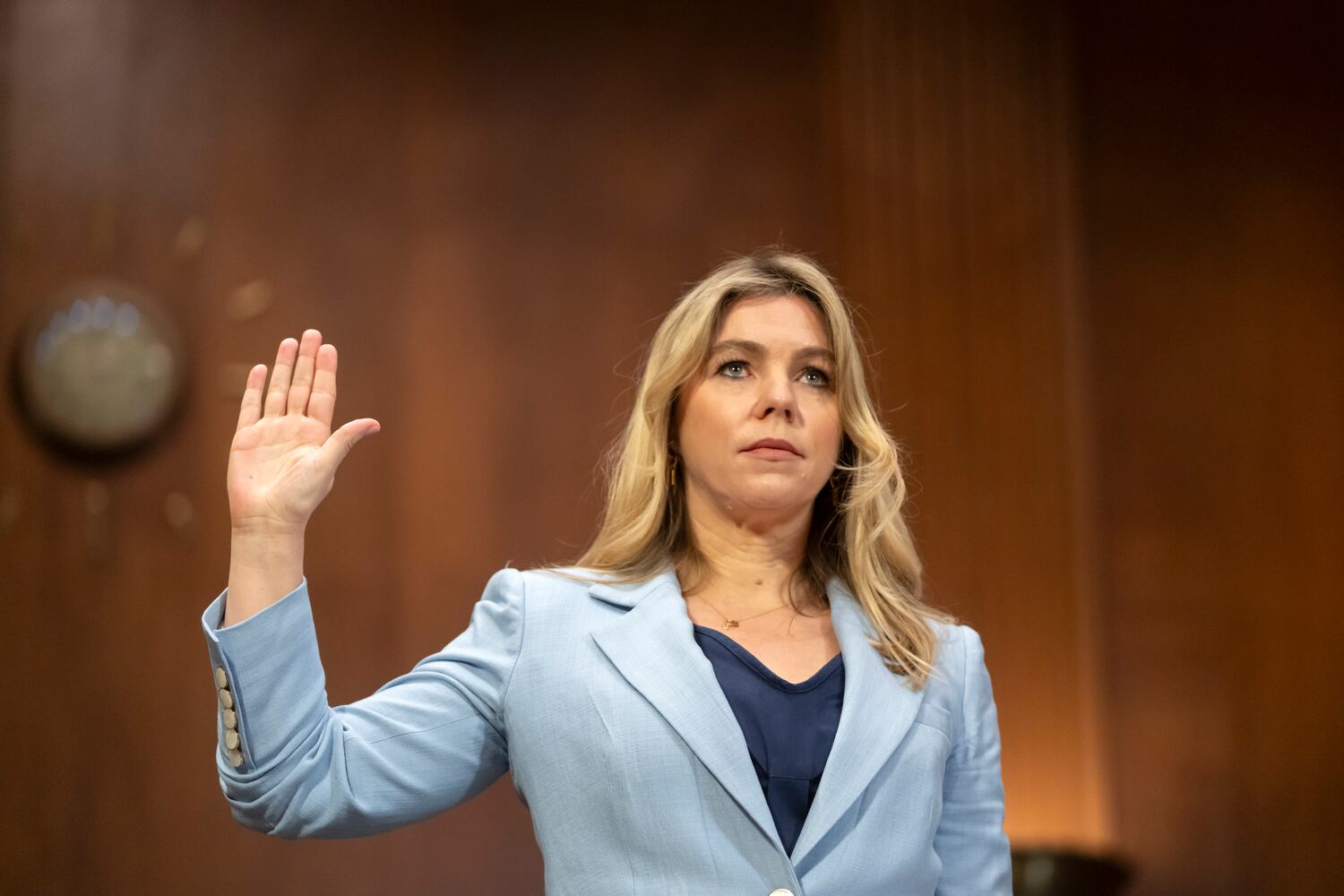 Sarah Wynn-Williams takes an oath before testimony to the U.S. Senate, April 9, 2025.