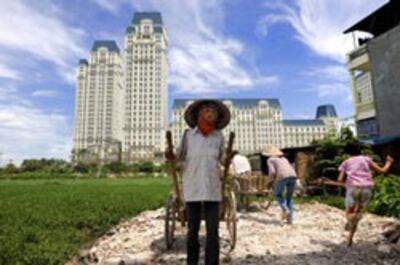 Đất trồng hoa màu bên cạnh những tòa nhà căn hộ cao cấp tại quận Cầu Giấy, thành phố Hà Nội hôm 24 tháng 06 năm 2010. AFP.