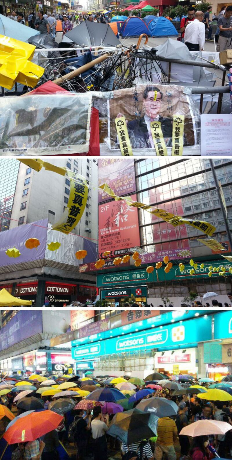上圖：2014年10月28日，旺角佔領區，有市民在高處掛起紙摺黃雨傘及要求真普選標語。中圖：有人擺放十多把只剩下骨架的雨傘在旺角佔領區障礙物防線中。（粵語部記者林靜攝）下圖：旺角及銅鑼灣佔領區，均有市民響應於傍晚5時57分撐起雨傘，歷時87秒，以代表警方一個月前向示威者施放87枚催淚彈。（學聯Facebook）