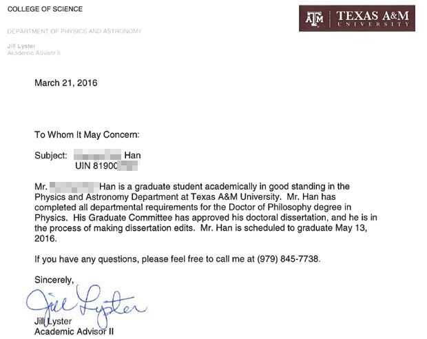 Texas A&M University에서 받은 박사 학위 증명서.