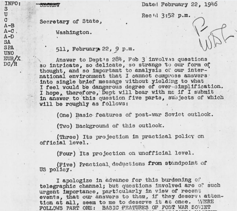1946年凯南从莫斯科传回的”长电报”首页(Teaching American History)