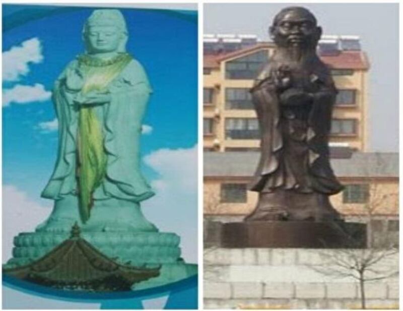 山东平度市圣水池民俗文化园一尊高达20米的观音雕像，被当地民众改成孔子头、观音身，以逃避政府的毁佛行动。(图源:《寒冬》杂志)