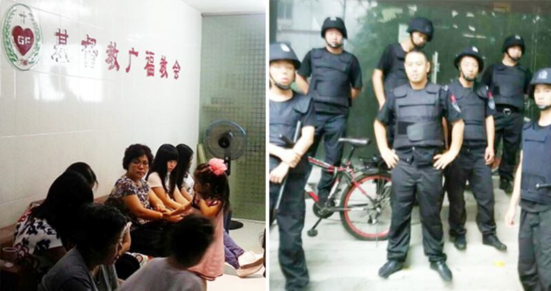 左图：2015年5月31日，廣州廣褔家庭教會廿多名信徒，在教會門外走廊聚會時被衝擊。右图：警方派出突擊隊，到教會驅趕信徒。（照片來自對華援助協會）