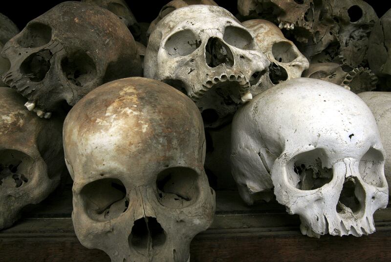 The skulls of Khmer Rouge victims are displayed in Choeung Ek, Cambodia, Feb. 26, 2008.