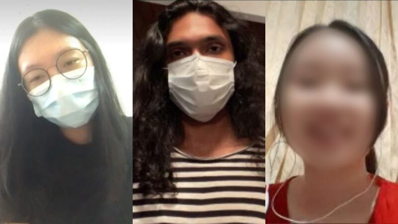 記者接觸多名學生，他們表示未知何時可以回到中國繼續學業，十分迷茫。圖左至右為小勤（化名）、Khan、Peachy（化名）。（視頻截圖）