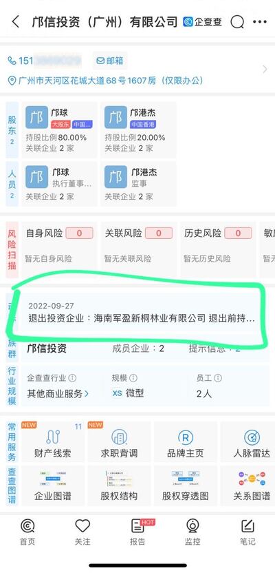 鄺信投資公司去年投資海南省一企業後退股。（企查查截圖）