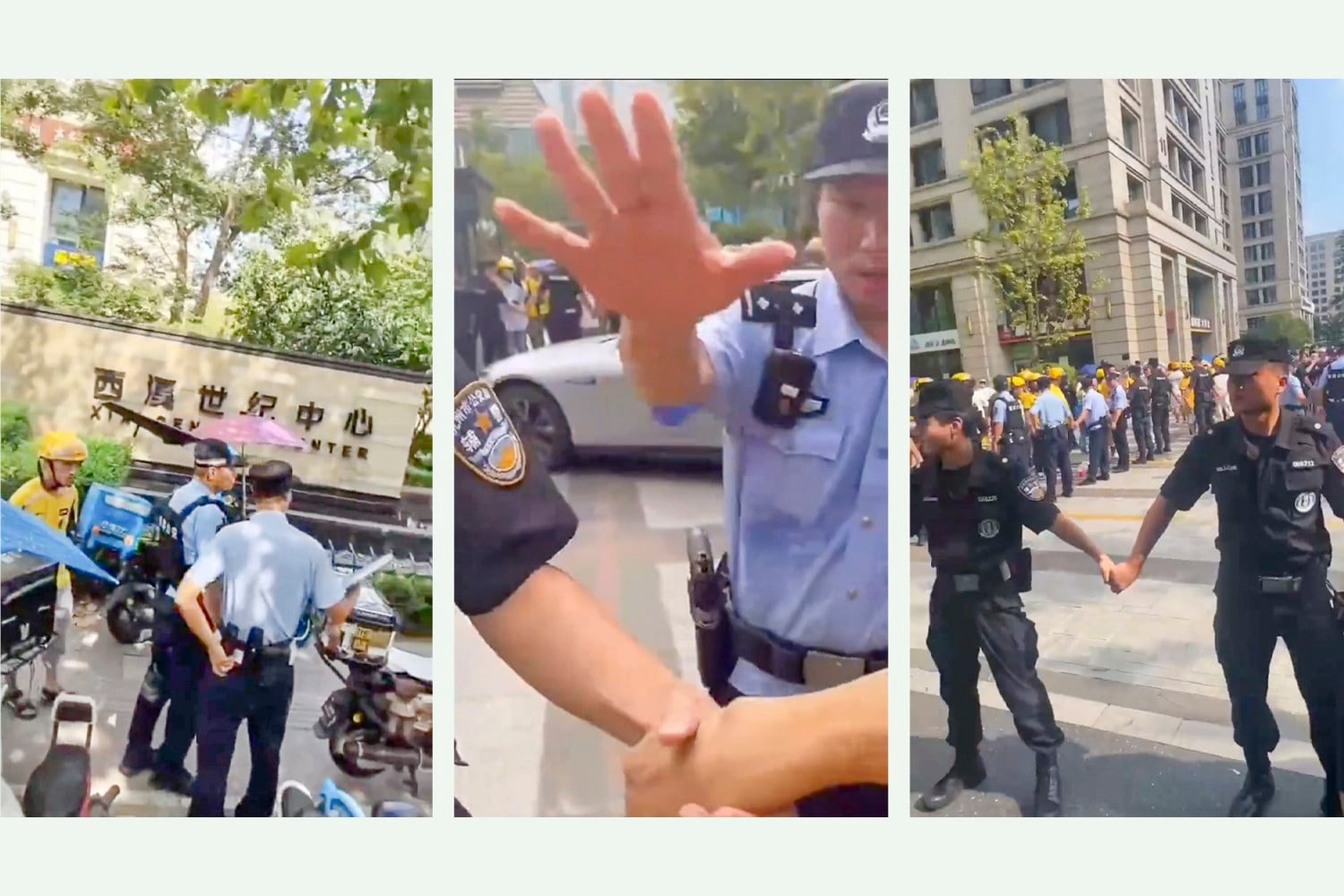Dozens of delivery drivers protest after a private security guard forced a fellow delivery driver to kneel and threatening her with a fine in an Aug. 12, 2024 post on X. (@whyyoutouzhele via X)