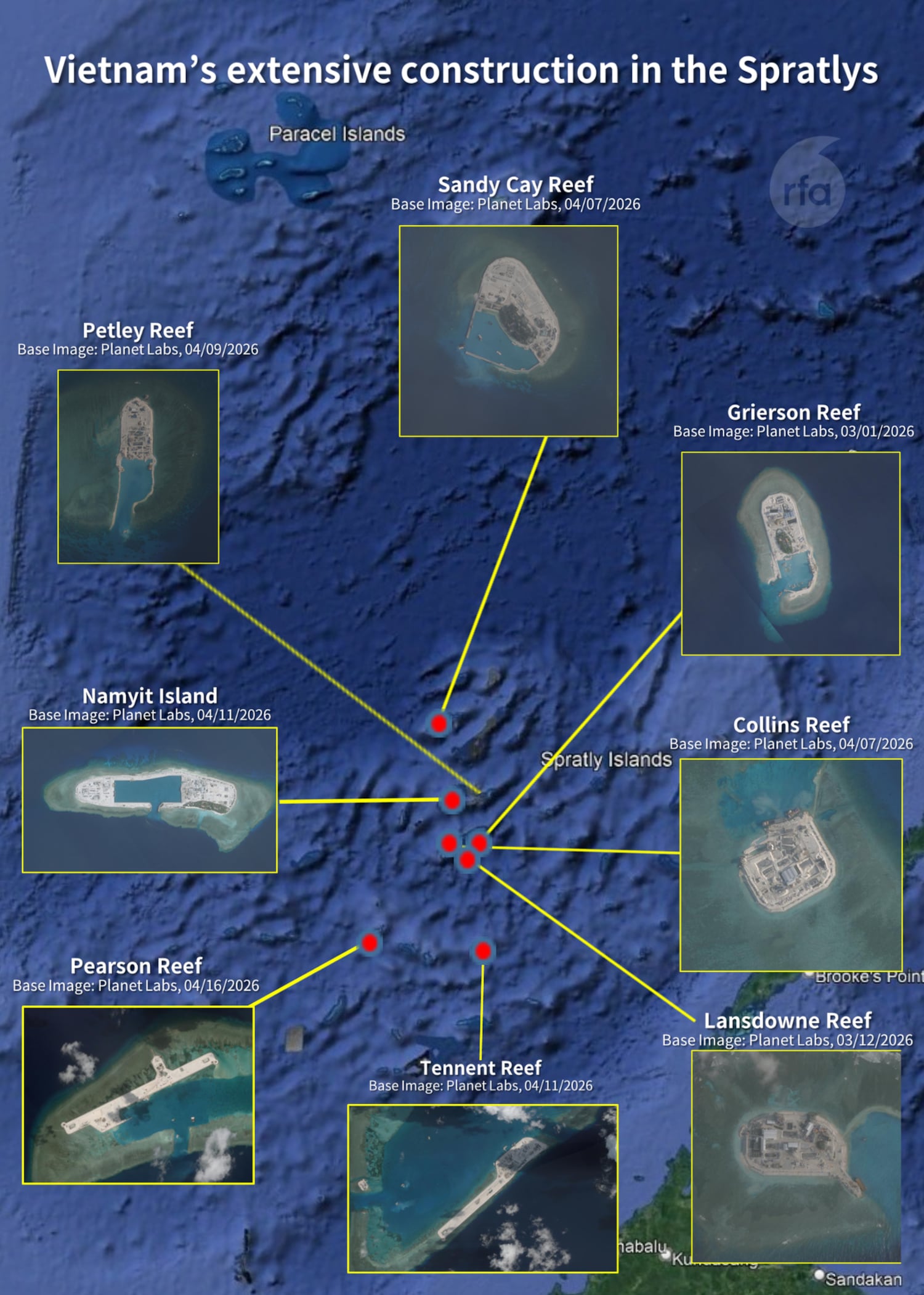 Vietnamese construction at 27 sites across at least 18 reefs in the disputed Spratly Island includes land reclamation, dredging and airstrip and port construction.